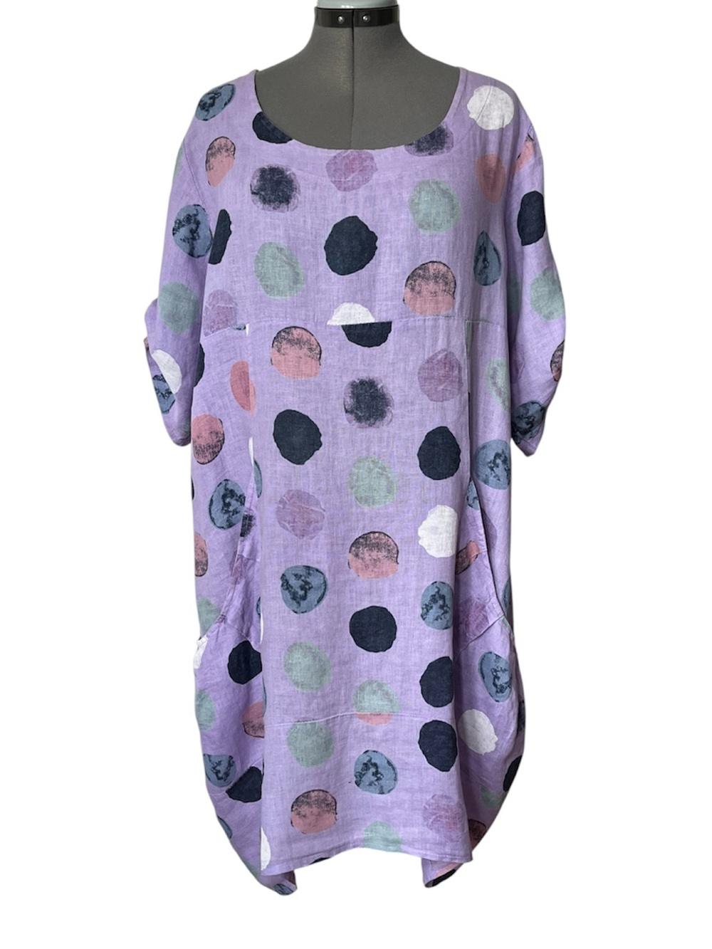 Me & Gee Printed Polka Dot Linen dress with pockets made in Italy L